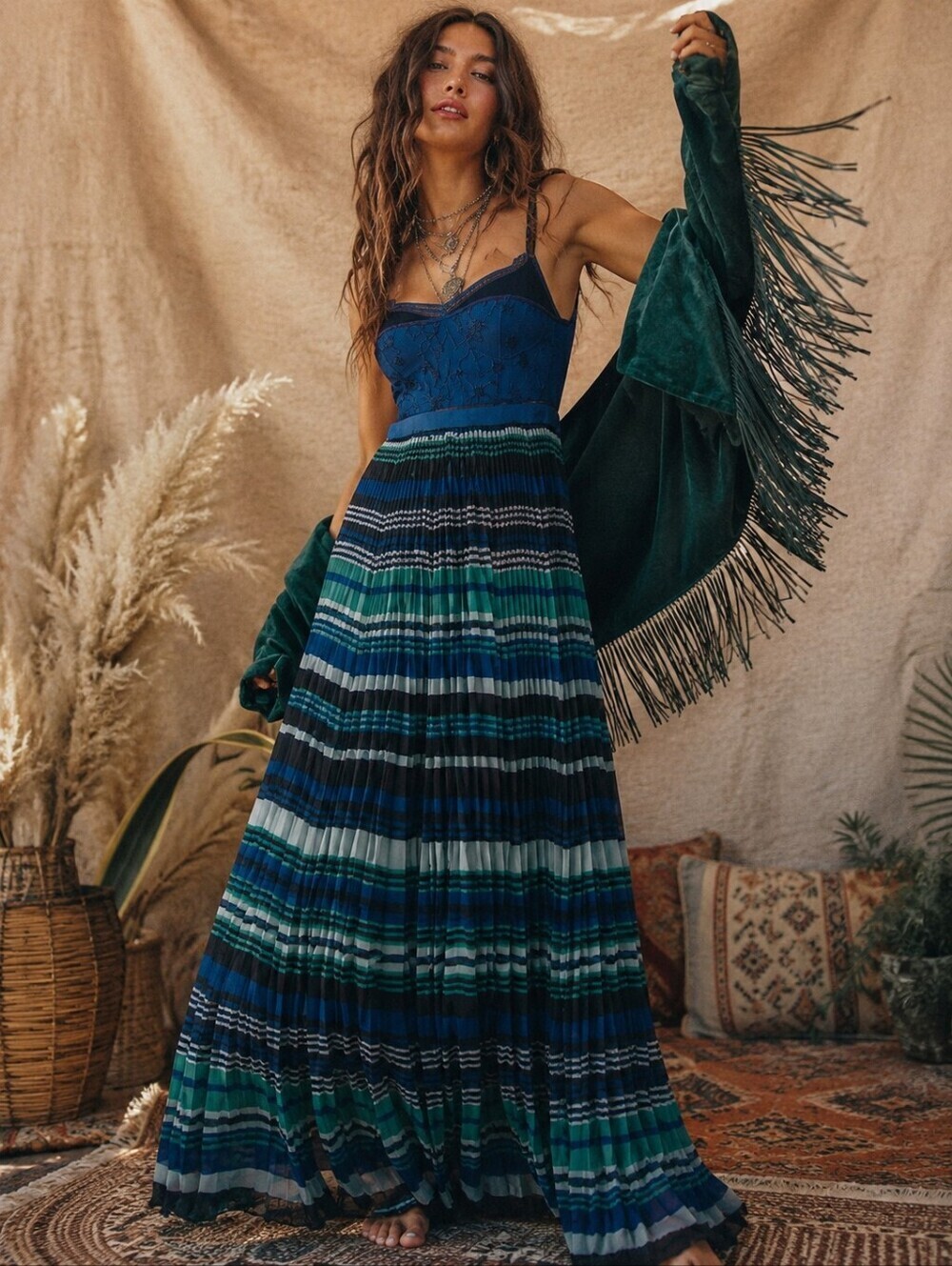 Free People Striped Pleated Maxi Dress